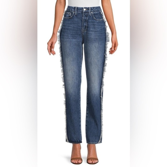 NWT Good American Good Boy Side Frayed Straight Leg Jeans Blue Sz 2/26 - Picture 1 of 15